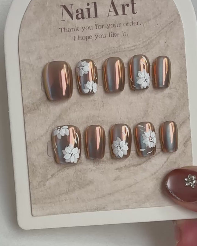 Bronze Floral Mirror Press-On Nails