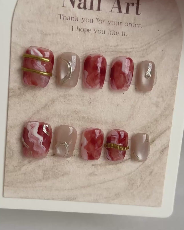 Red Marble Press On Nails