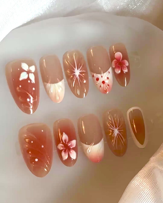 Orange Floral Press On Nails