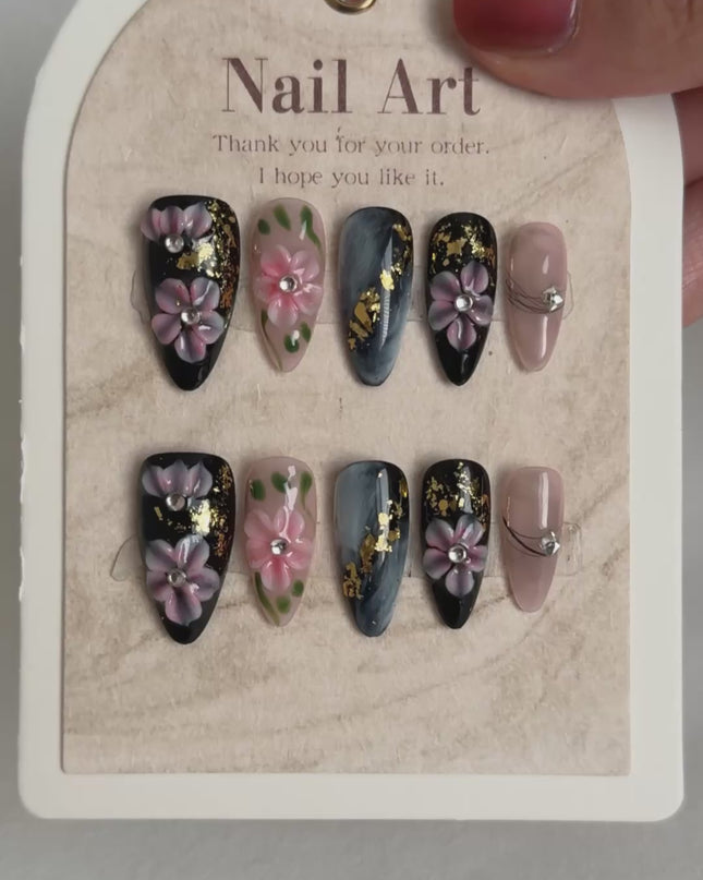 Black Blossom Press On Nails