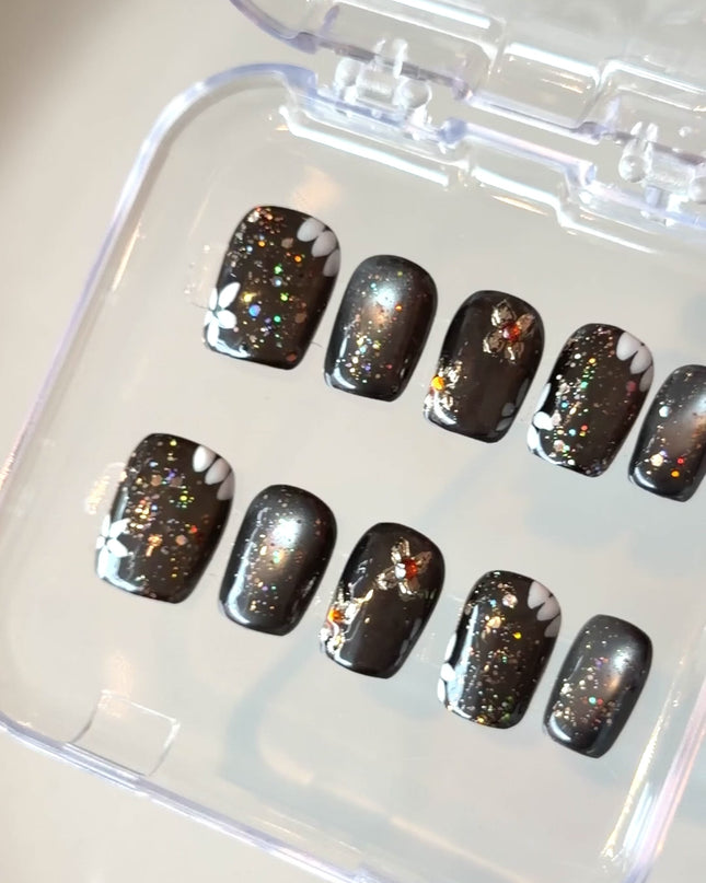Black Glitter Press On Nails