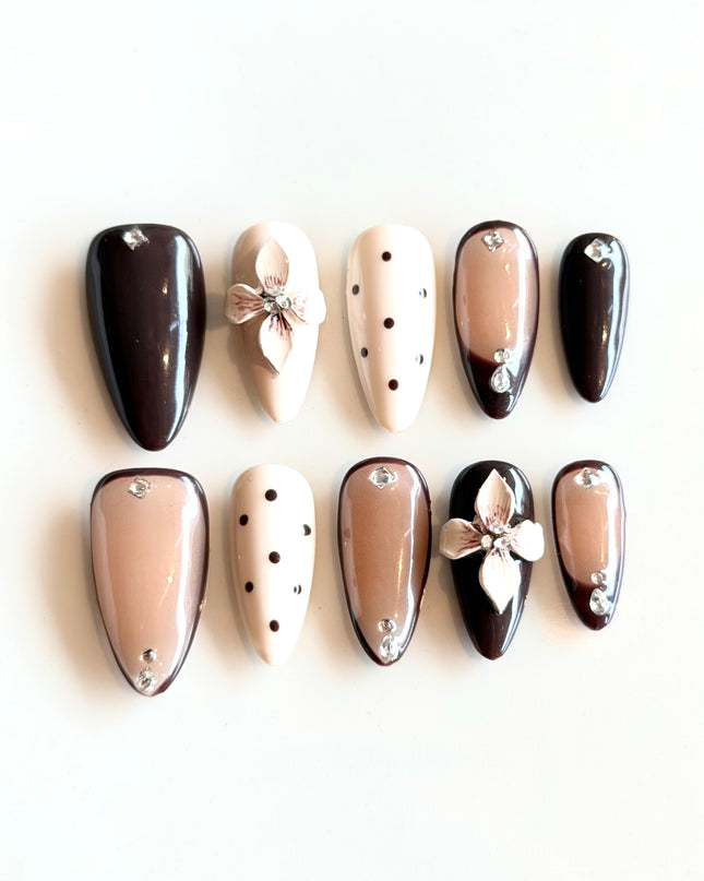 Brown 3D Floral Press On Nails