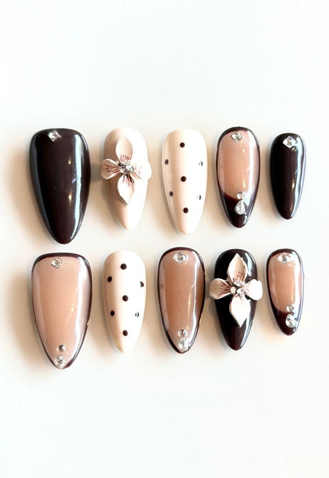 Brown 3D Floral Press On Nails