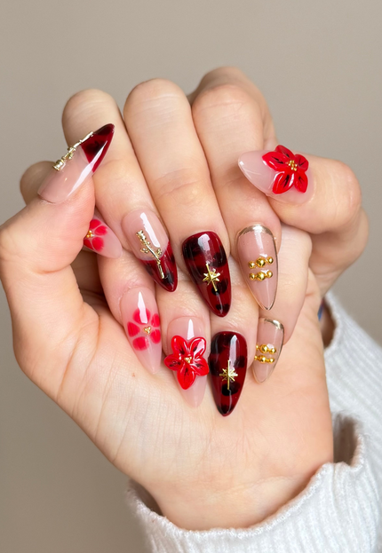 Red 3D Floral Press On Nails
