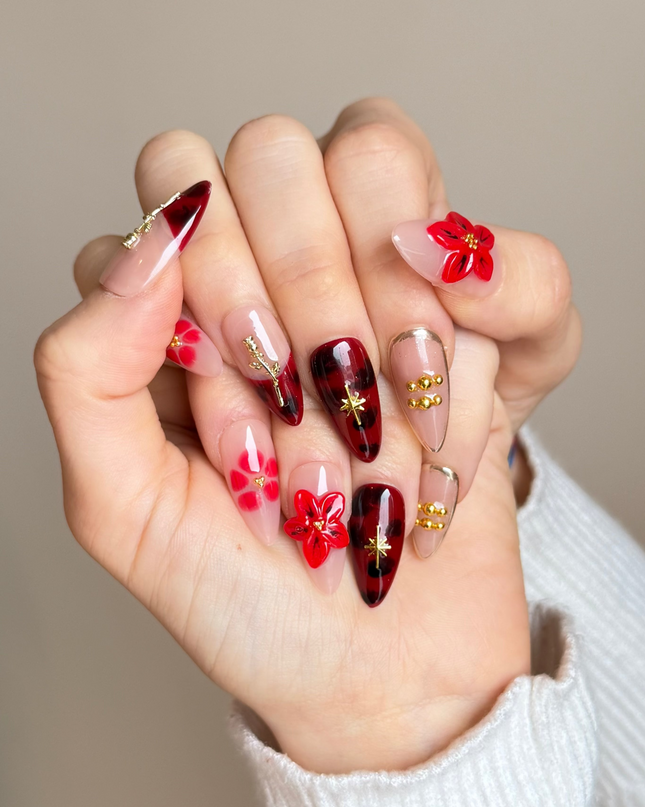 Red 3D Floral Press On Nails