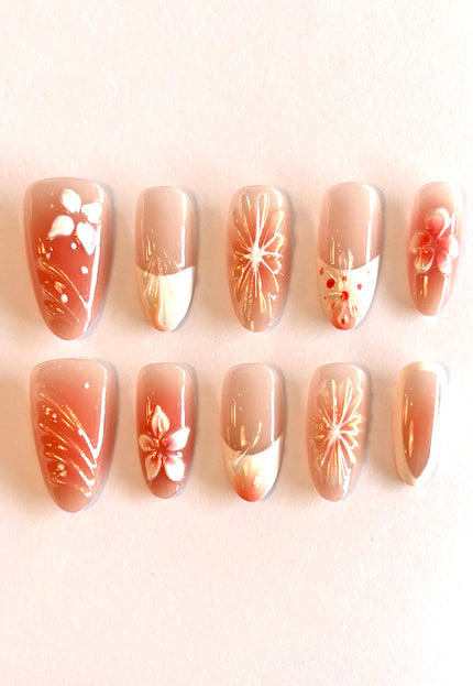 Orange Floral Press On Nails