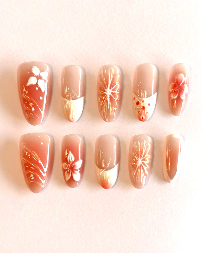 Orange Floral Press On Nails