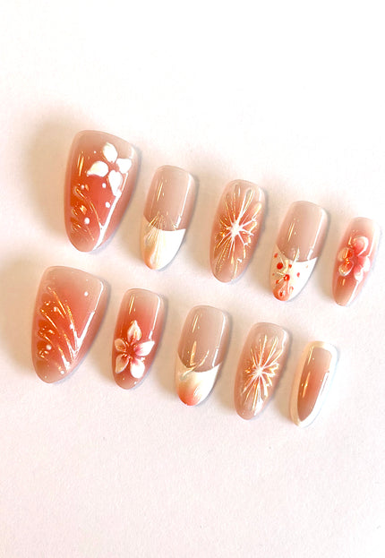 Orange Floral Press On Nails