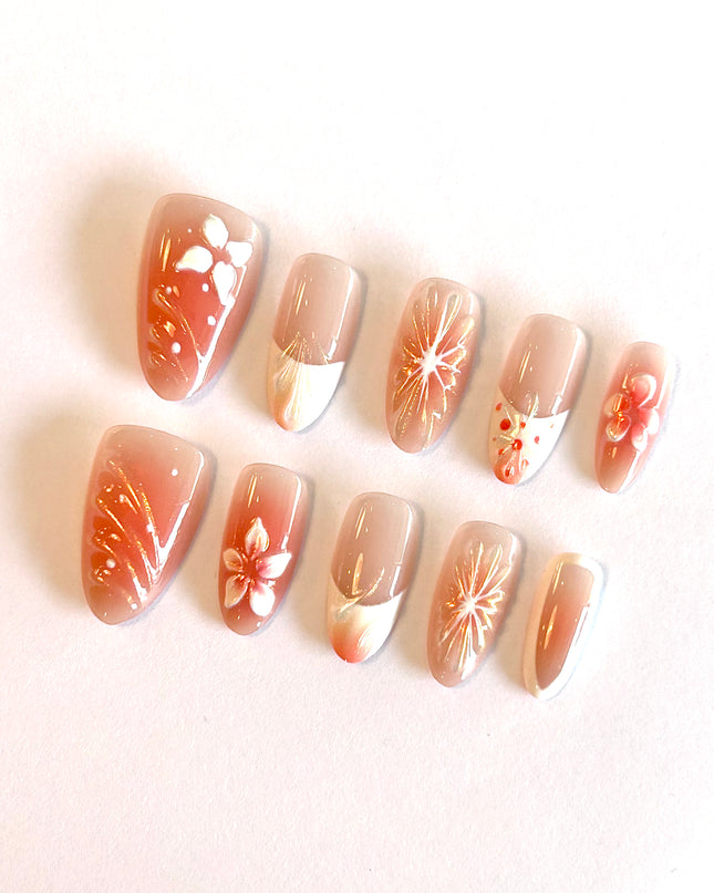 Orange Floral Press On Nails