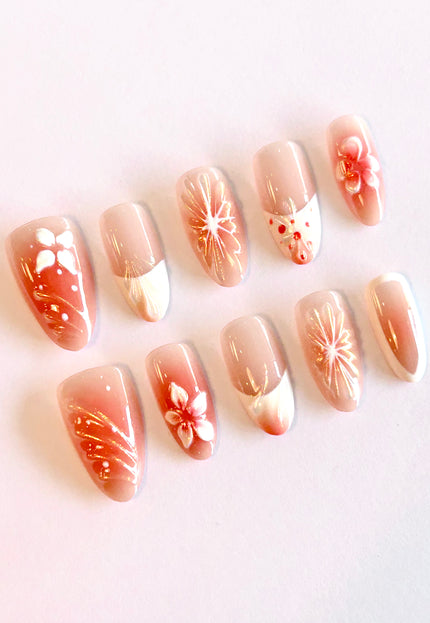 Orange Floral Press On Nails