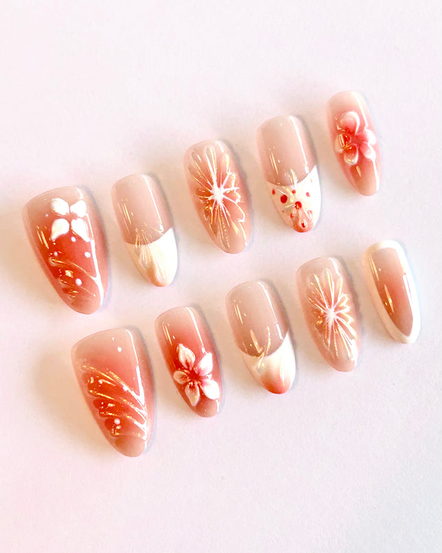 Orange Floral Press On Nails