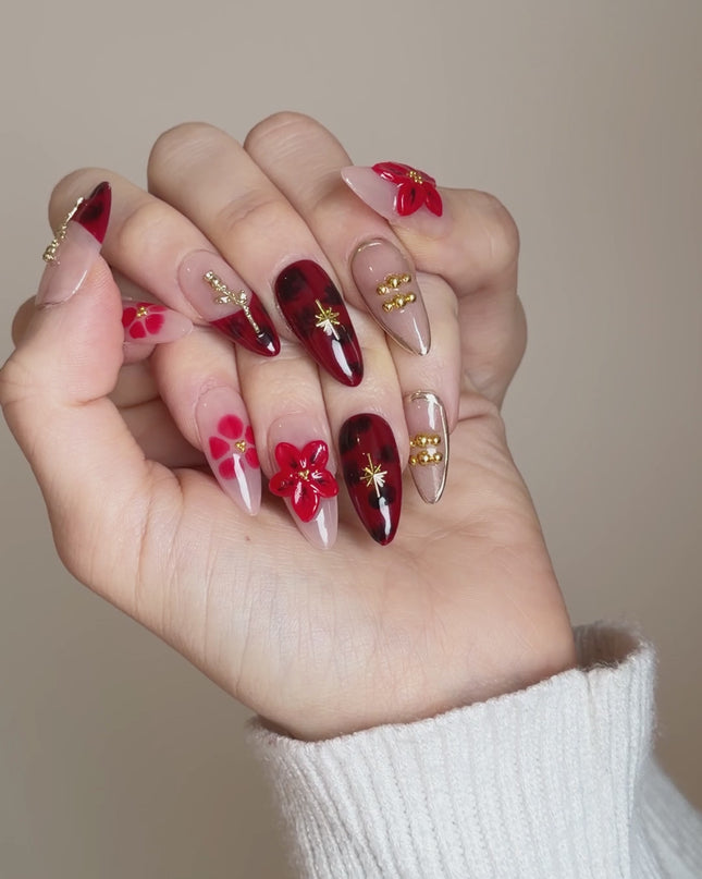 Red 3D Floral Press On Nails
