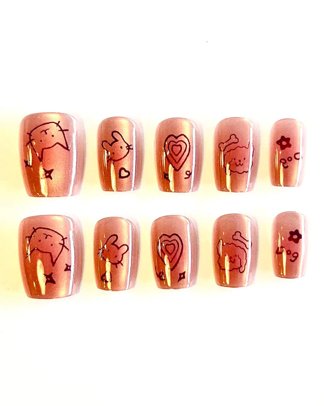 Pink Cat Press on Nails