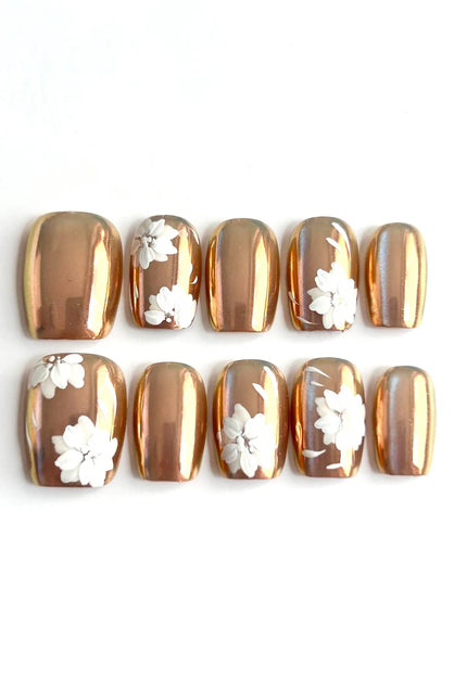 Bronze Floral Mirror Press-On Nails