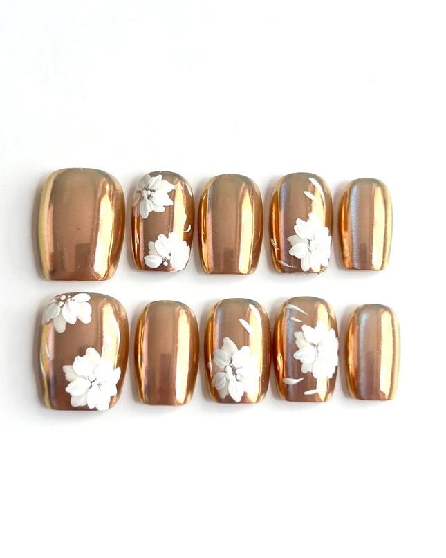 Bronze Floral Mirror Press-On Nails