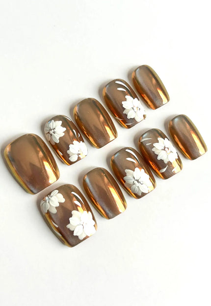 Bronze Floral Mirror Press-On Nails
