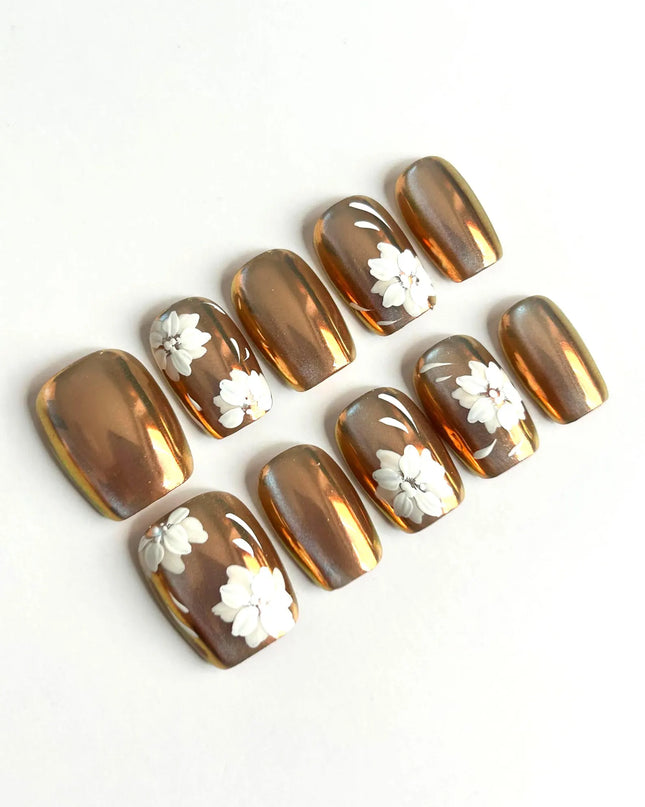 Bronze Floral Mirror Press-On Nails