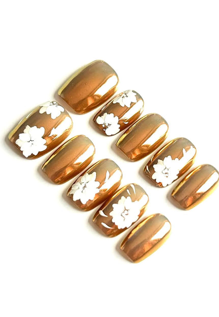 Bronze Floral Mirror Press-On Nails