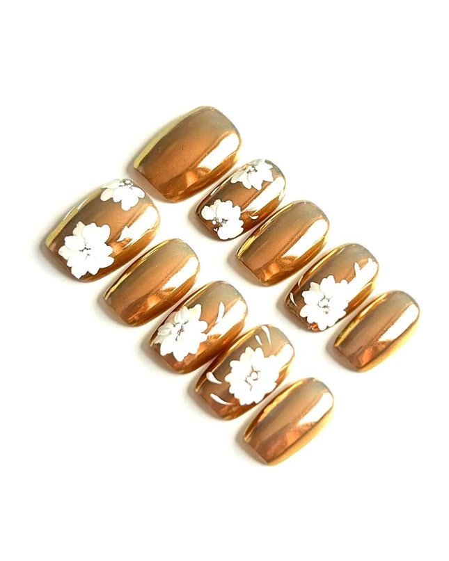 Bronze Floral Mirror Press-On Nails