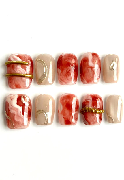 Red Marble Press On Nails