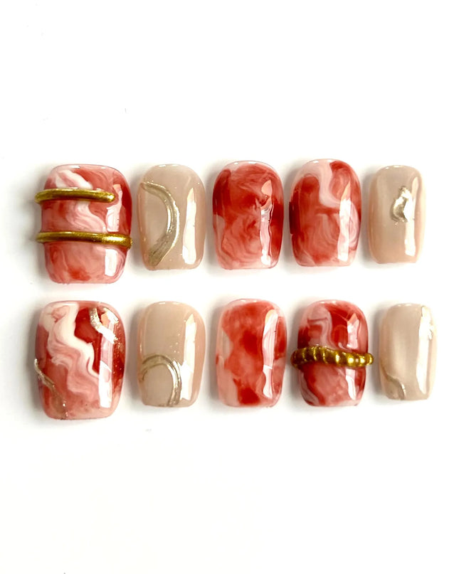 Red Marble Press On Nails