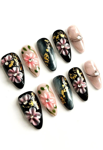 Black Blossom Press On Nails
