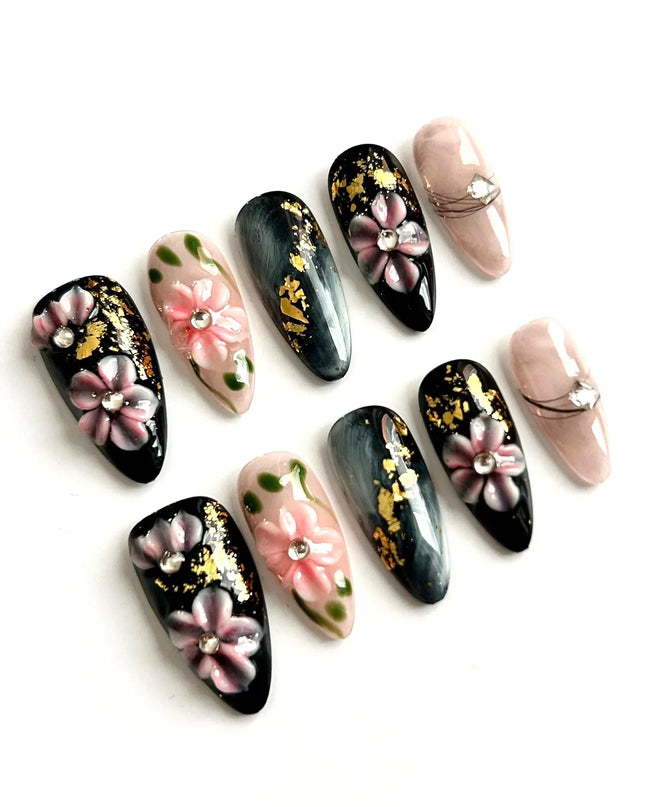 Black Blossom Press On Nails