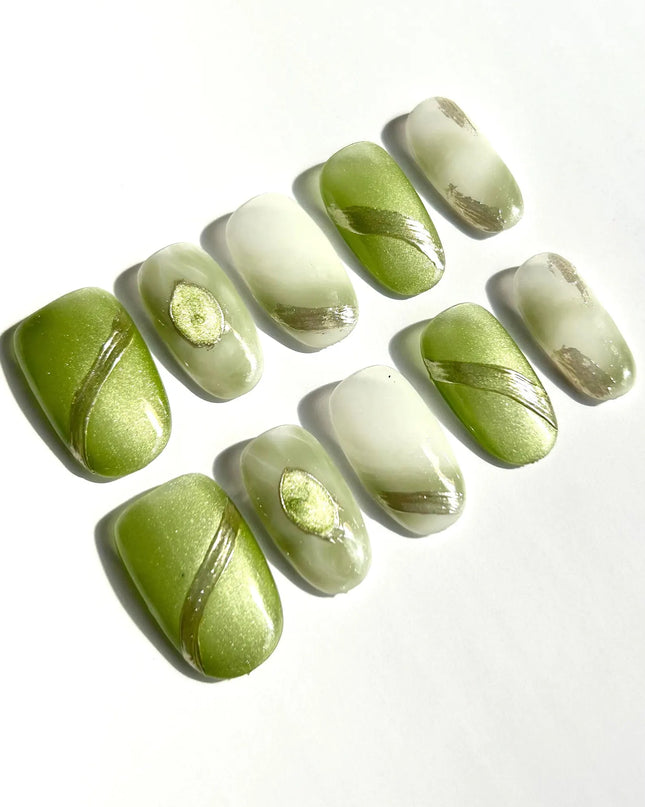 Olive Marble Swirl Press-On Nails
