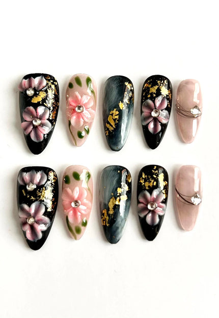 Black Blossom Press On Nails