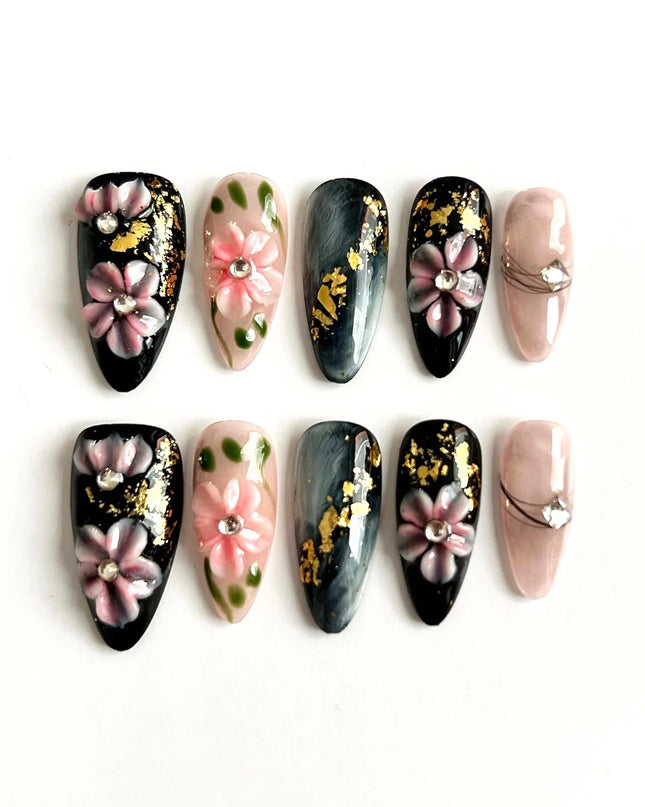 Black Blossom Press On Nails