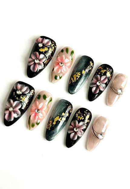 Black Blossom Press On Nails