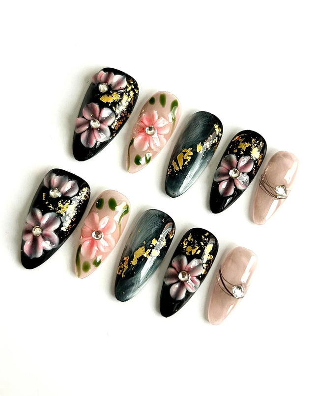 Black Blossom Press On Nails