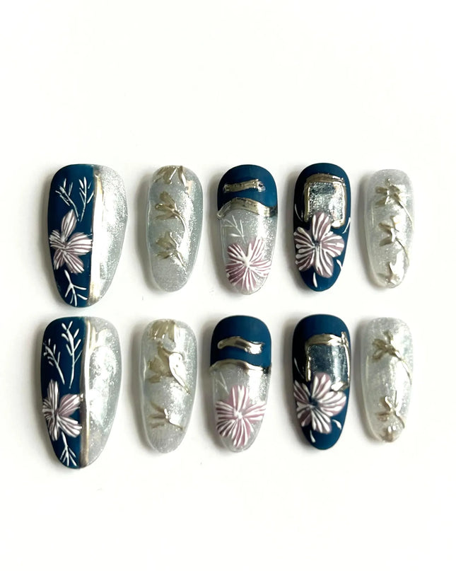 Midnight Silver Press On Nails