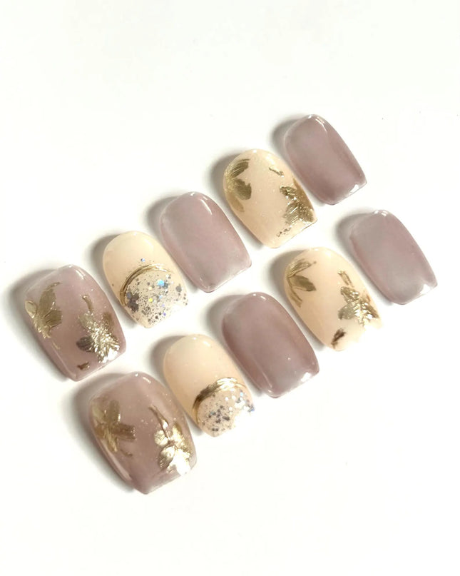 Golden Petals Press-On Nails