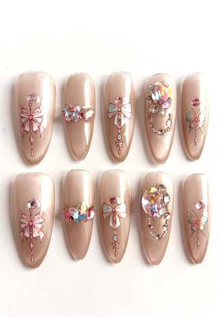Bow & Crystal Charm Press-On Nails