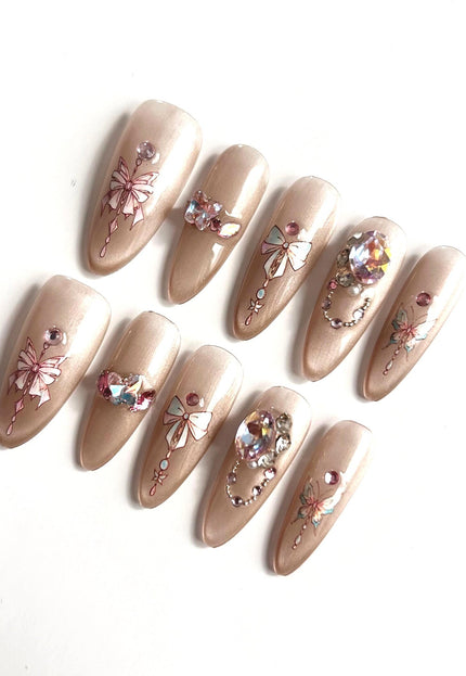 Bow & Crystal Charm Press-On Nails
