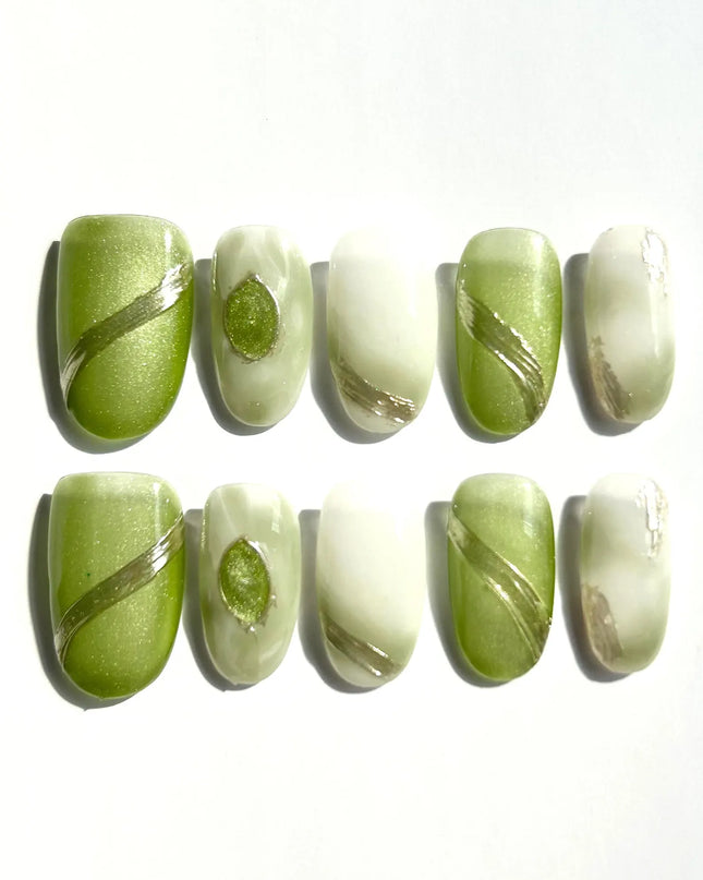 Olive Marble Swirl Press-On Nails
