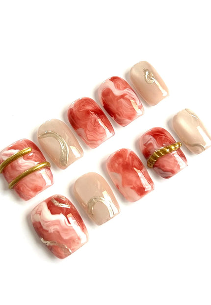 Red Marble Press On Nails