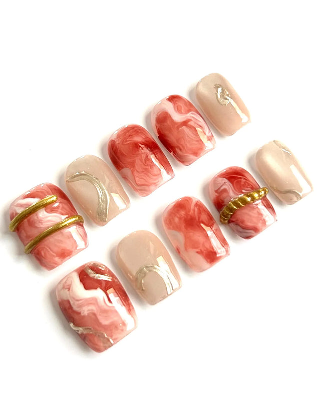 Red Marble Press On Nails