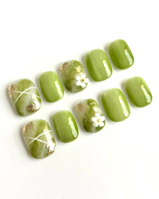 Green Marble Press On Nails