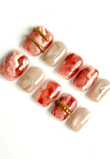 Red Marble Press On Nails