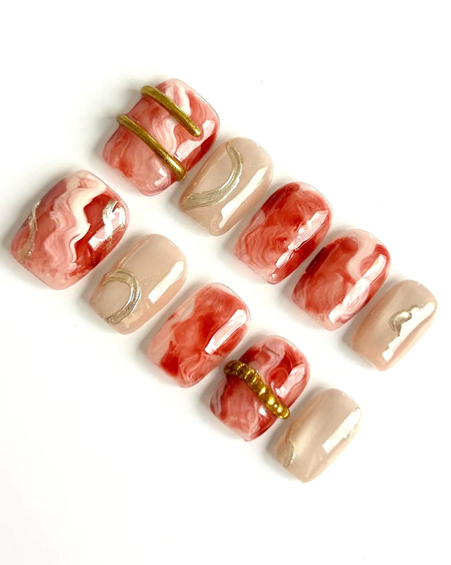 Red Marble Press On Nails