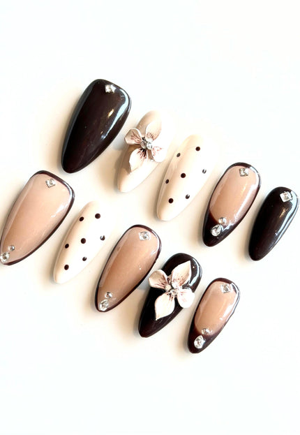 Brown 3D Floral Press On Nails