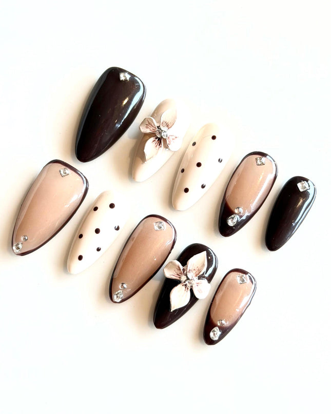 Brown 3D Floral Press On Nails