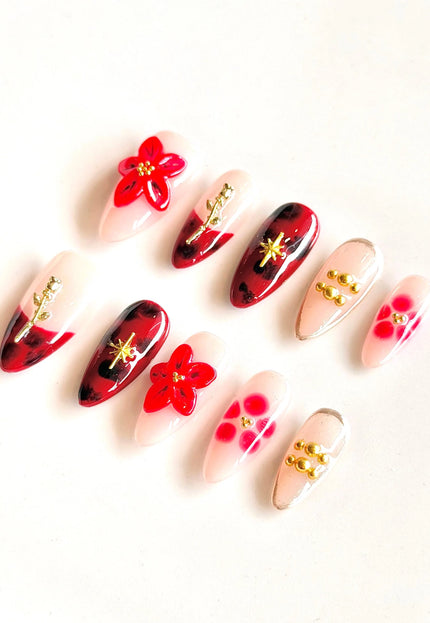Red 3D Floral Press On Nails