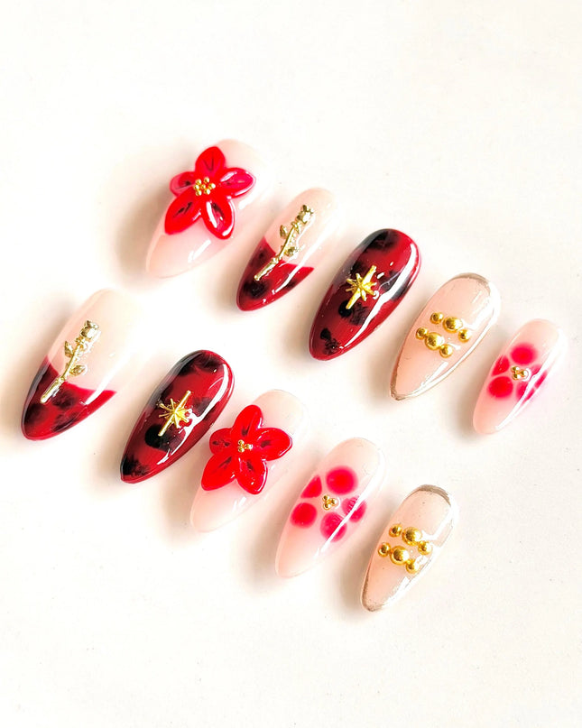 Red 3D Floral Press On Nails
