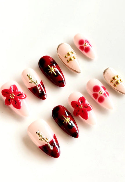 Red 3D Floral Press On Nails