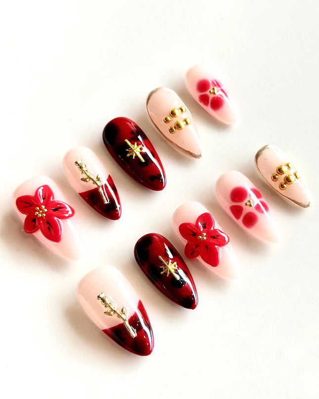 Red 3D Floral Press On Nails