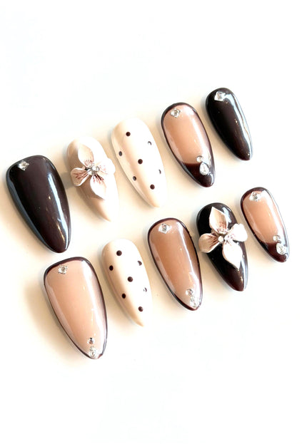 Brown 3D Floral Press On Nails