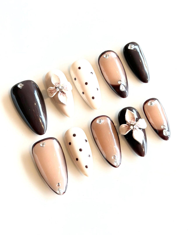 Brown 3D Floral Press On Nails